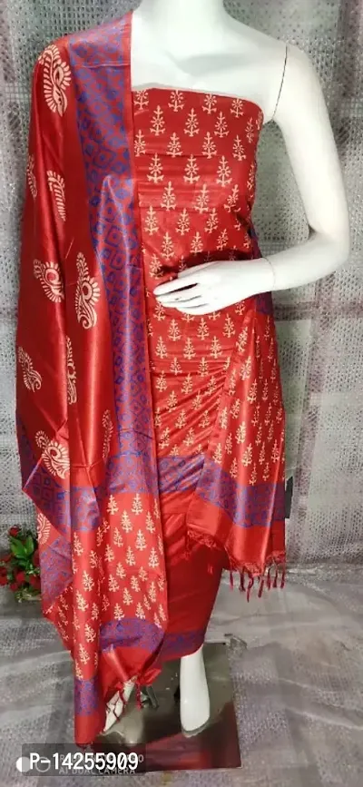 Block Printed Cotton Silk Suit Unstitched Material With Dupatta 3 pc Set-thumb0