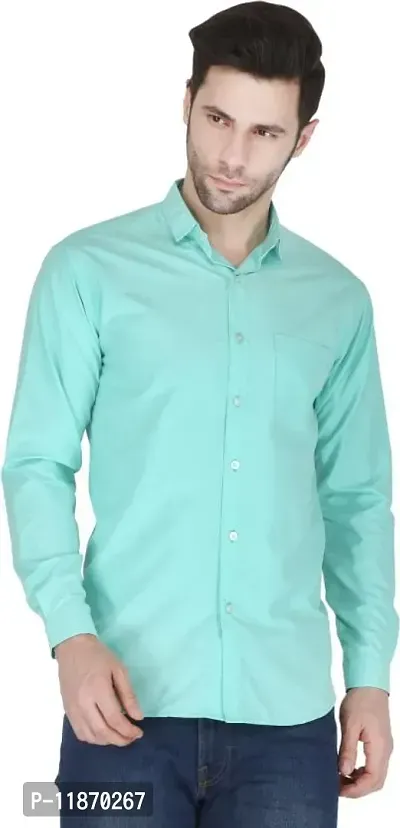 Stylish Cotton Blend Sea Green Solid Long Sleeves Regular Fit Spread Collar Casual Shirt For Men-thumb0