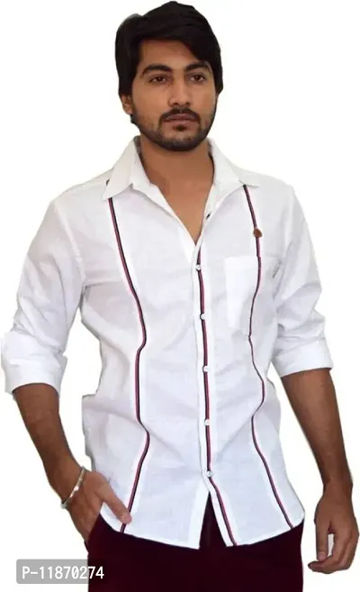 Stylish Cotton Blend White Solid Long Sleeves Regular Fit Curved Collar Casual Shirt For Men