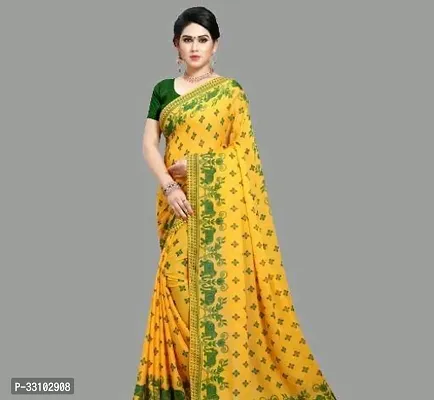 Stylish Yellow Art Silk Printed Saree with Blouse piece For Women-thumb0