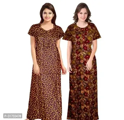 Elegant Brown Cotton Printed Nighty For Women Pack Of 2