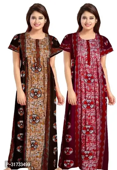 Elegant Multicoloured Cotton Printed Nighty For Women Pack Of 2-thumb0