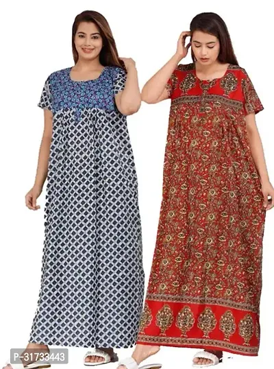 Elegant Multicoloured Cotton Printed Nighty For Women Pack Of 2