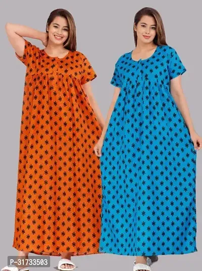 Elegant Multicoloured Cotton Printed Nighty For Women Pack Of 2