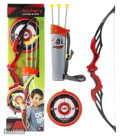 Super Archery Bow and Arrow Set with Dart Target Board Colourful with 3 Suction Cup Tip Arrows ( Red )