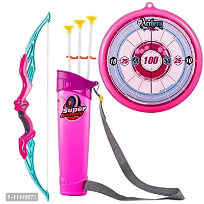 Plastic Archer Bow and Arrow Set with | Quiver and 3 Suction Arrows and Target (Pink)(Big Size)