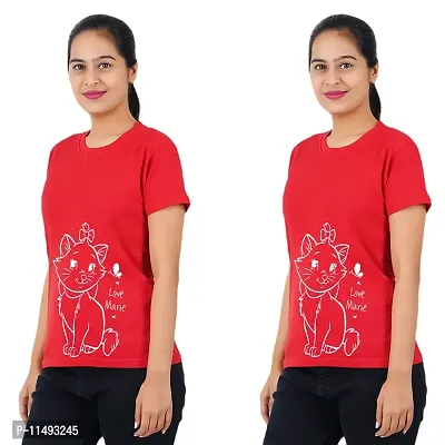 VINTAGE DREAM AND DEVICE OF LEAF Women's Cotton Regular Fit Half Sleeve Cat Printed Casual Tshirt (Red, Size S) -Packof2