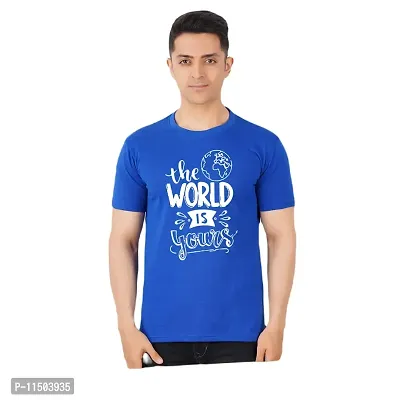 VINTAGE DREAM AND DEVICE OF LEAF Men's Cotton Regular Fit Half Sleeve The World is Yours Printed Casual Tshirt (Blue, Size M) -Packof1-thumb0