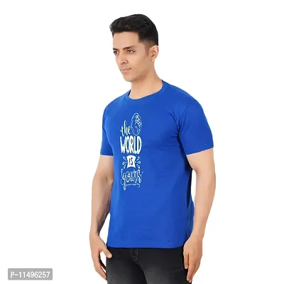 VINTAGE DREAM AND DEVICE OF LEAF Men's Cotton Regular Fit Half Sleeve The World is Yours Printed Casual Tshirt (Blue, Size L)-thumb5