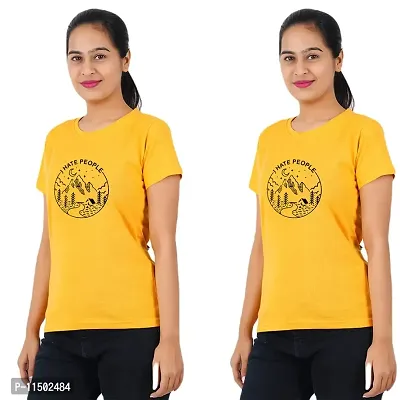 VINTAGE DREAM AND DEVICE OF LEAF Women's Cotton Regular Fit Half Sleeve I Hate People Printed Casual Tshirt (Yellow, Size L) -Packof2-thumb0