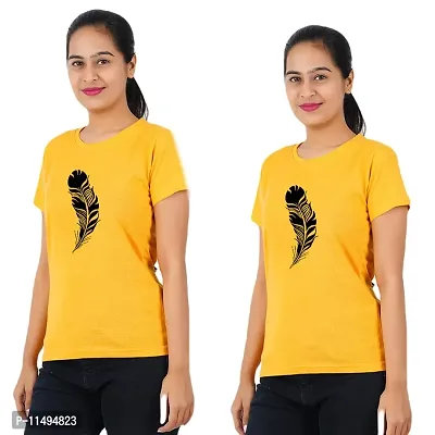 VINTAGE DREAM AND DEVICE OF LEAF Women's Cotton Regular Fit Half Sleeve Feather Printed Casual Tshirt (Yellow, Size M) -Packof2-thumb0