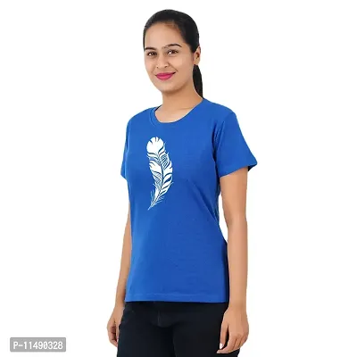 VINTAGE DREAM AND DEVICE OF LEAF Women's Cotton Regular Fit Half Sleeve Feather Printed Casual Tshirt (Blue, Size XL)-thumb4