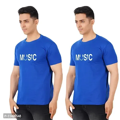 VINTAGE DREAM AND DEVICE OF LEAF Men's Cotton Regular Fit Half Sleeve Music Printed Casual Tshirt (Blue, Size L) -Packof2