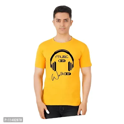 VINTAGE DREAM AND DEVICE OF LEAF Men's Cotton Regular Fit Half Sleeve Solid Music On Printed Casual Tshirt (Yellow, Size S)-thumb0