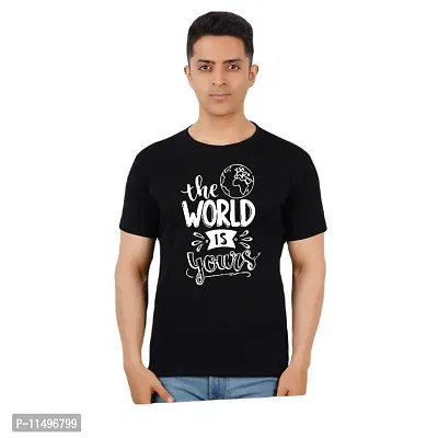 VINTAGE DREAM AND DEVICE OF LEAF Men's Cotton Regular Fit Half Sleeve The World is Yours Printed Casual Tshirt (Black, Size L) -Packof1