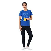 VINTAGE DREAM AND DEVICE OF LEAF Women's Cotton Regular Fit Half Sleeve Cat Printed Casual Tshirt (Blue, Size XL)-thumb2