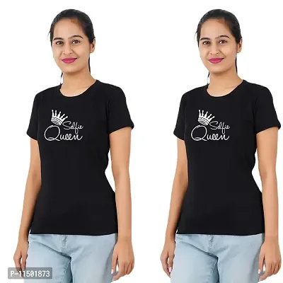 VINTAGE DREAM AND DEVICE OF LEAF Women's Cotton Regular Fit Half Sleeve Selfie Queen Printed Casual Tshirt (Black, Size M) -Packof2-thumb0