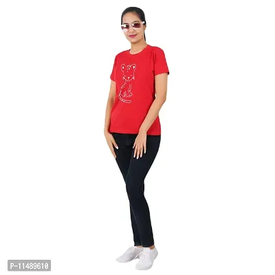 VINTAGE DREAM AND DEVICE OF LEAF Women's Cotton Regular Fit Half Sleeve Cat Printed Casual Tshirt (Red, Size 2XL)-thumb3