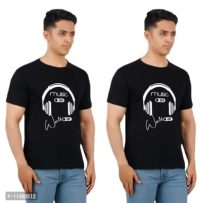 VINTAGE DREAM AND DEVICE OF LEAF Men's Cotton Regular Fit Half Sleeve Solid Music On Printed Casual Tshirt (Black, Size 2XL) -Packof2