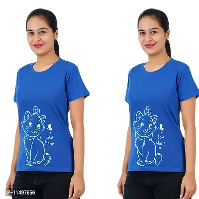 VINTAGE DREAM AND DEVICE OF LEAF Women's Cotton Regular Fit Half Sleeve Cat Printed Casual Tshirt (Blue, Size 2XL) -Packof2