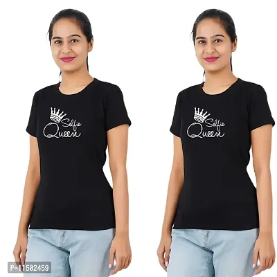 VINTAGE DREAM AND DEVICE OF LEAF Women's Cotton Regular Fit Half Sleeve Selfie Queen Printed Casual Tshirt (Black, Size S) -Packof2-thumb0