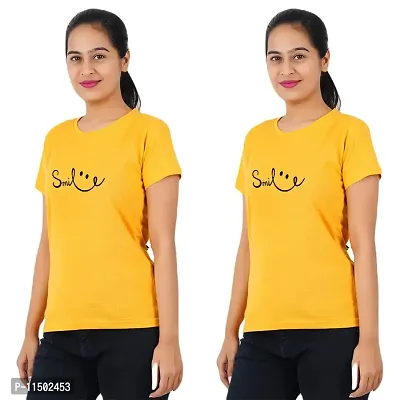 VINTAGE DREAM AND DEVICE OF LEAF Women's Cotton Regular Fit Half Sleeve Smile Printed Casual Tshirt (Yellow, Size XL) -Packof2