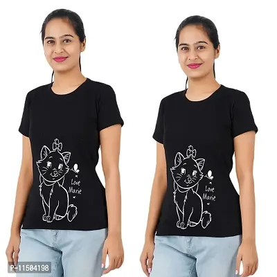 VINTAGE DREAM AND DEVICE OF LEAF Women's Cotton Regular Fit Half Sleeve Cat Printed Casual Tshirt (Black, Size 2XL) -Packof2-163-thumb0