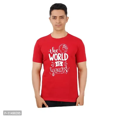 VINTAGE DREAM AND DEVICE OF LEAF Men's Cotton Regular Fit Half Sleeve The World is Yours Printed Casual Tshirt (Red, Size S) -Packof1-thumb0