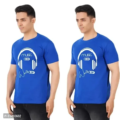 VINTAGE DREAM AND DEVICE OF LEAF Men's Cotton Regular Fit Half Sleeve Solid Music On Printed Casual Tshirt (Blue, Size 2XL) -Packof2-thumb0