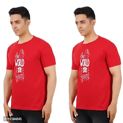 VINTAGE DREAM AND DEVICE OF LEAF Men's Cotton Regular Fit Half Sleeve The World is Yours Printed Casual Tshirt (Red, Size M) -Packof2