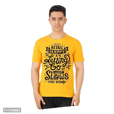 VINTAGE DREAM AND DEVICE OF LEAF Men's Cotton Regular Fit Half Sleeve Solid Being Happy Printed Casual Tshirt (Yellow, Size M) -Packof2-thumb0