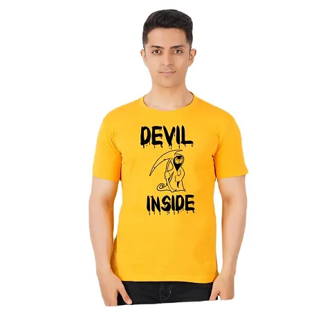 VINTAGE DREAM AND DEVICE OF LEAF Men's Regular Fit Half Sleeve Devil Inside Casual Tshirt (Yellow, Size L)