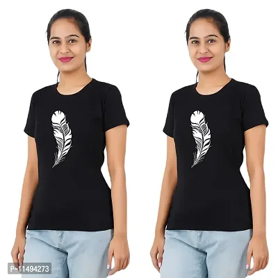 VINTAGE DREAM AND DEVICE OF LEAF Women's Cotton Regular Fit Half Sleeve Feather Printed Casual Tshirt (Black, Size XL) -Packof2