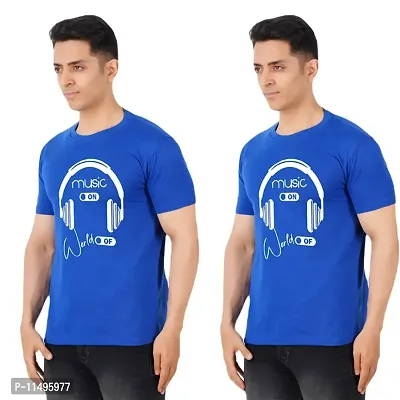 VINTAGE DREAM AND DEVICE OF LEAF Men's Cotton Regular Fit Half Sleeve Solid Music On Printed Casual Tshirt (Blue, Size L) -Packof2-thumb0