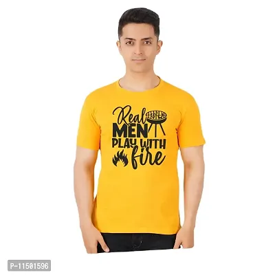 VINTAGE DREAM AND DEVICE OF LEAF Men's Cotton Regular Fit Half Sleeve Play with Fire Printed Casual Tshirt (Yellow, Size L) -Packof2