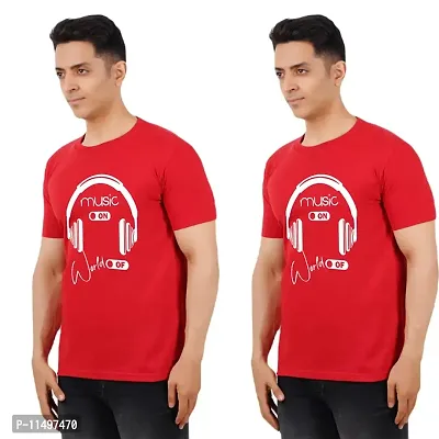 VINTAGE DREAM AND DEVICE OF LEAF Men's Cotton Regular Fit Half Sleeve Solid Music On Printed Casual Tshirt (Red, Size L) -Packof2