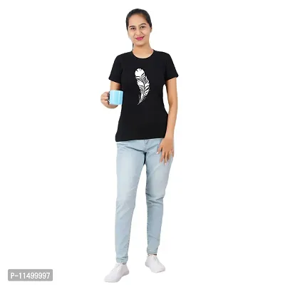 VINTAGE DREAM AND DEVICE OF LEAF Women's Cotton Regular Fit Half Sleeve Feather Printed Casual Tshirt (Black, Size M) -Packof1