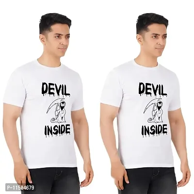 VINTAGE DREAM AND DEVICE OF LEAF Men's Cotton Regular Fit Half Sleeve Devil Inside Printed Casual Tshirt (White, Size L) -Packof2