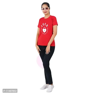 VINTAGE DREAM AND DEVICE OF LEAF Women's Cotton Regular Fit Half Sleeve Lock Printed Casual Tshirt (Red, Size XL)-thumb3