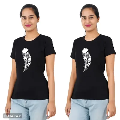 VINTAGE DREAM AND DEVICE OF LEAF Women's Cotton Regular Fit Half Sleeve Feather Printed Casual Tshirt (Black, Size L) -Packof2-thumb0