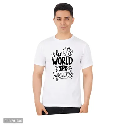 VINTAGE DREAM AND DEVICE OF LEAF Men's Cotton Regular Fit Half Sleeve The World is Yours Printed Casual Tshirt (White, Size L)-thumb0