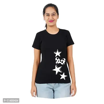 VINTAGE DREAM AND DEVICE OF LEAF Women's Cotton Regular Fit Half Sleeve Stars Printed Casual Tshirt (Black, Size 2XL)