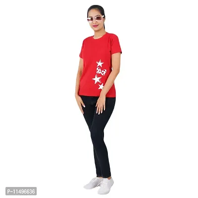 VINTAGE DREAM AND DEVICE OF LEAF Women's Cotton Regular Fit Half Sleeve Stars Printed Casual Tshirt (Red, Size M)-thumb3