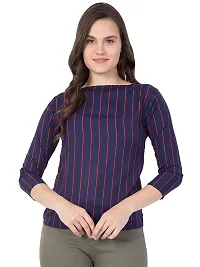 THE LION'S SHARE Women's Crepe Striped 3/4 Sleeve Casual Round Neck Blue Regular Western Top for Women and Girls-thumb1