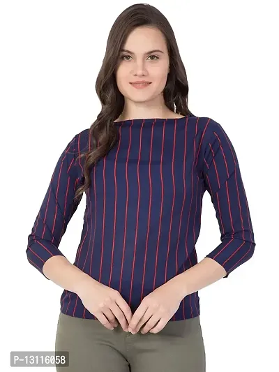 THE LION'S SHARE Women's Crepe Striped 3/4 Sleeve Casual Round Neck Blue Regular Western Top for Women and Girls-thumb2