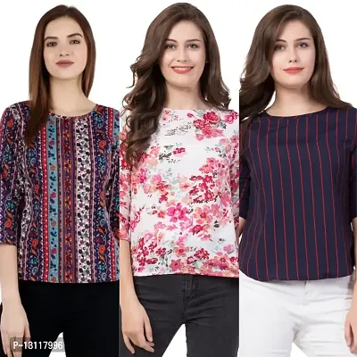 THE LION'S SHARE Women's Printed Crepe Designer Regular Wear Round Neck Top Pack of 03 .(S) 241