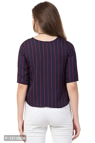 THE LION'S SHARE Women's Crepe Striped 3/4 Sleeve Casual Round Neck Blue Regular Western Top for Women and Girls-thumb5