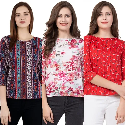 THE LION'S SHARE Women's Printed Crepe Designer Regular Wear Round Neck Top Pack of 03