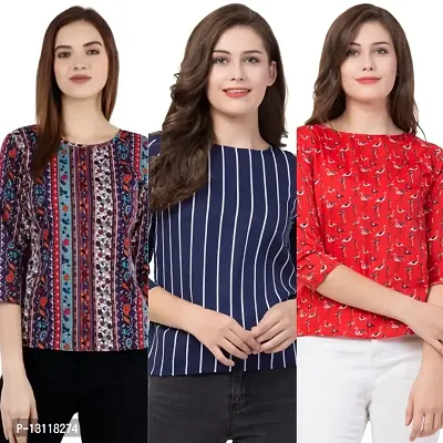 THE LION'S SHARE Women's Printed Crepe Designer Regular Wear Round Neck Top Pack of 03 .(XL) 249