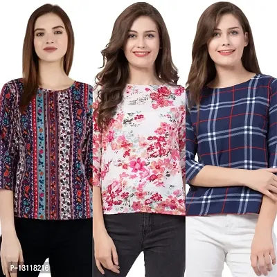 THE LION'S SHARE Women's Printed Crepe Designer Regular Wear Round Neck Top Pack of 03 .(S) 231